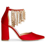 Saint Fayette Stone Studded Chain Red Satin Block Heels