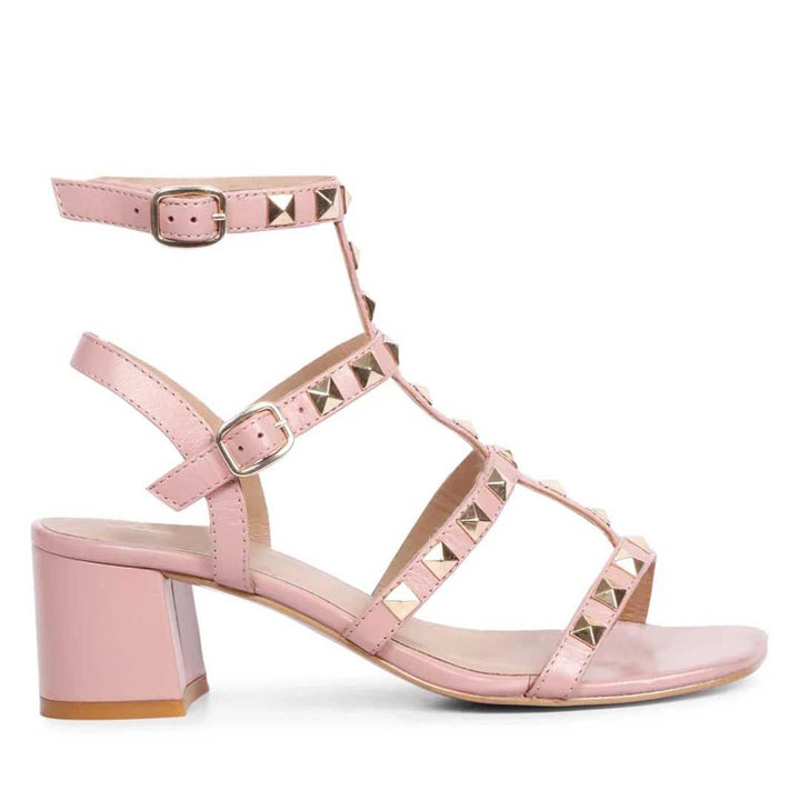 Saint Angela Pink Leather Metal Studded Block Heels