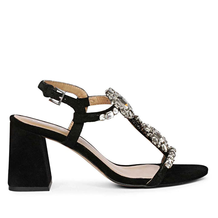 Saint Lucia Transparent Stone Embellished Black Suede Leather Block Heels