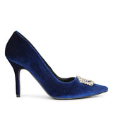 Saint Wren Crystal Buckle Blue Velvet High Heel Pumps