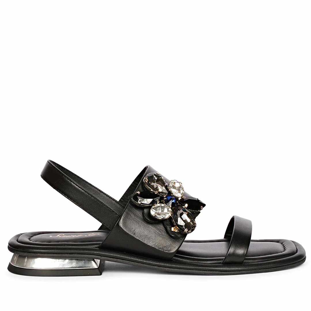 Saint Carona Multi Stone Butterfly Trim Black Leather Sandals