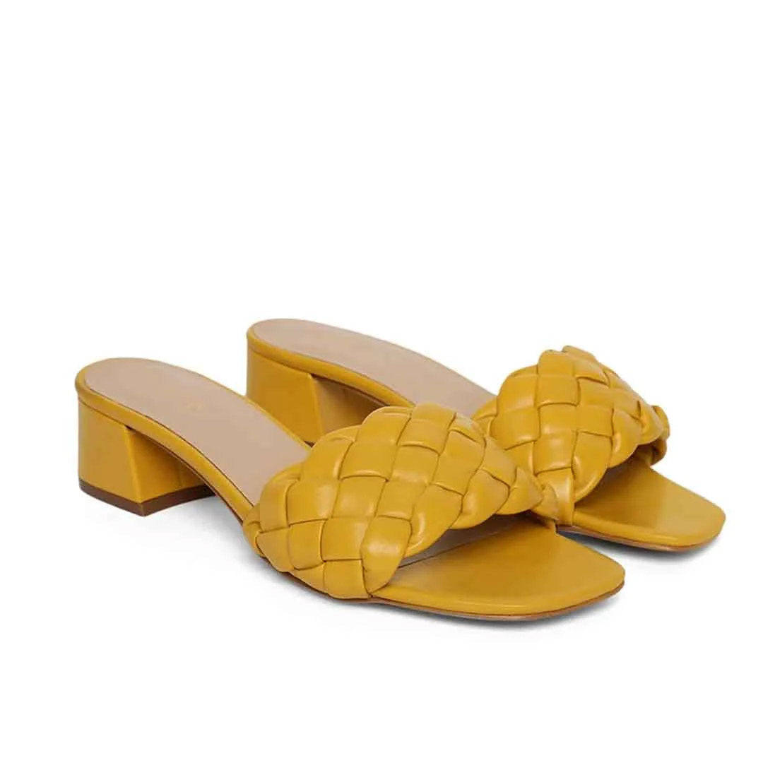 Saint Kate Mustard Woven Leather Block Heel Mules