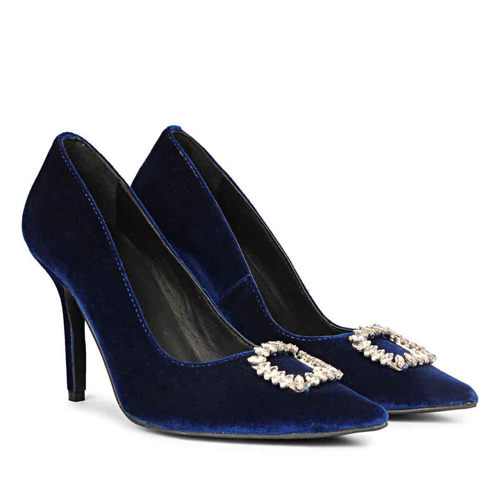 Saint Wren Crystal Buckle Blue Velvet High Heel Pumps