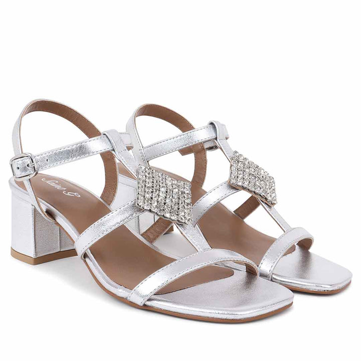 Saint Donya Stones Silver Metallic Leather Block Heels