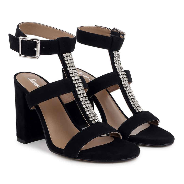 Saint Silvia Jewel Stone Decor Black Suede Leather Heels