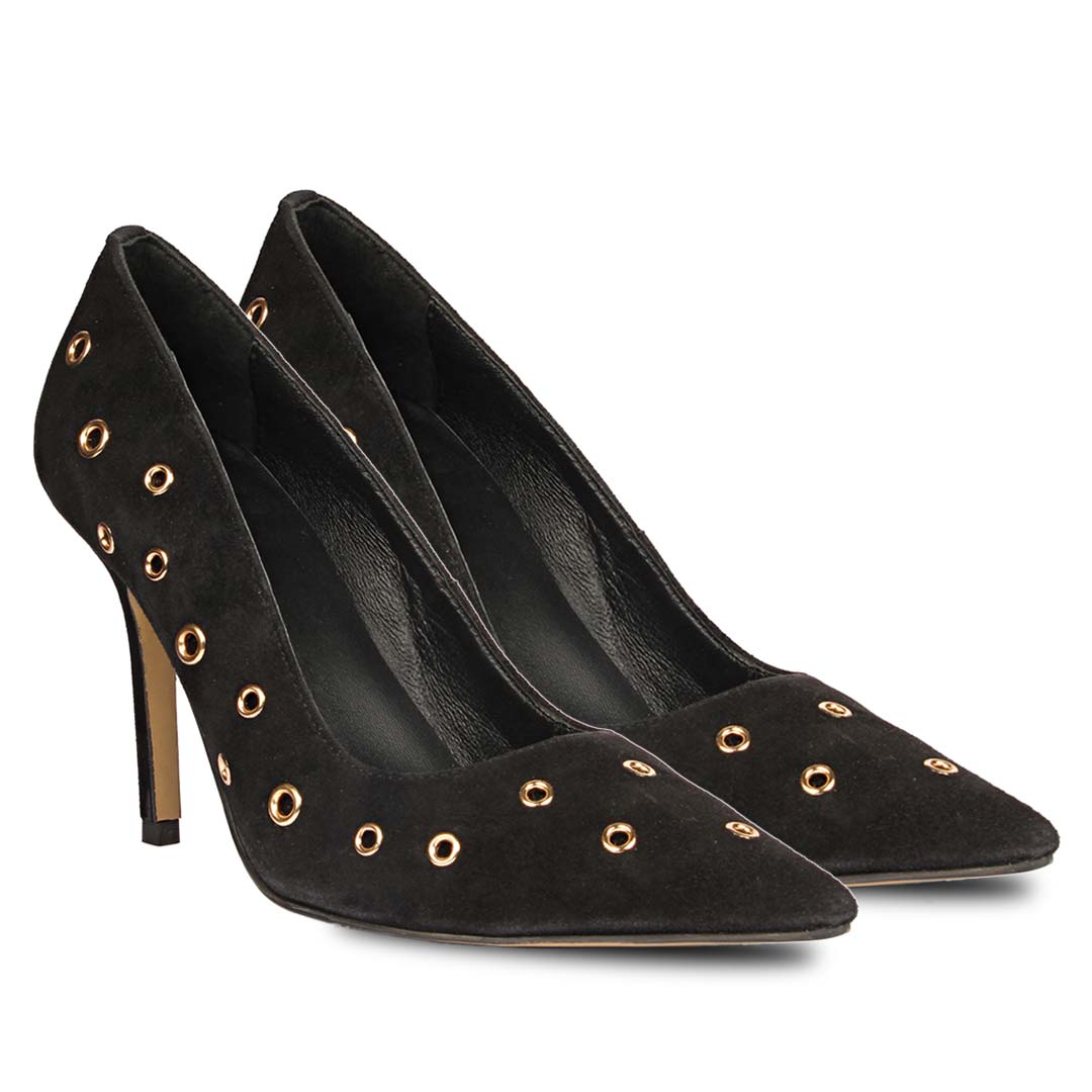 Saint Remi Eyelet Embellished Black Suede Leather Pumps