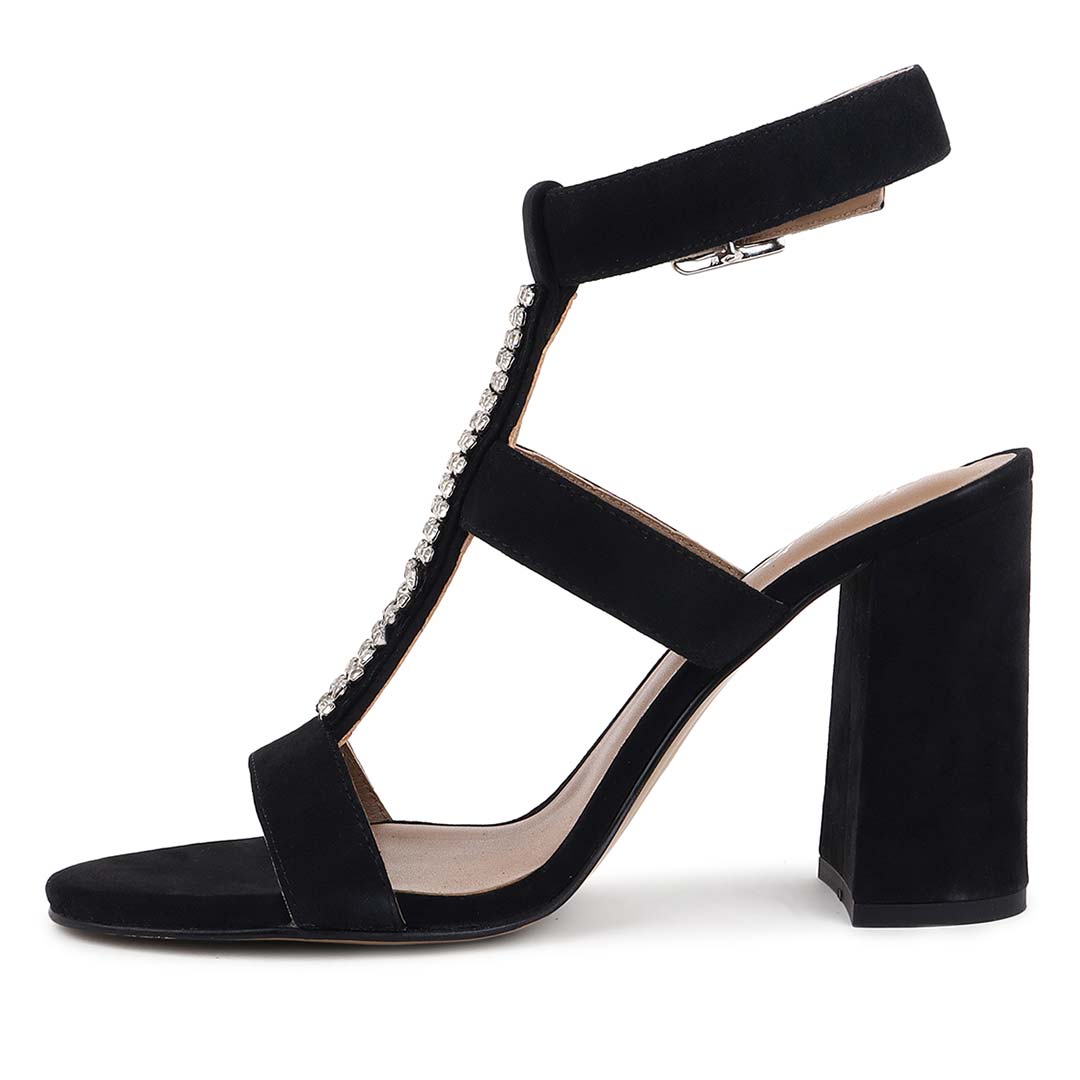 Saint Silvia Jewel Stone Decor Black Suede Leather Heels