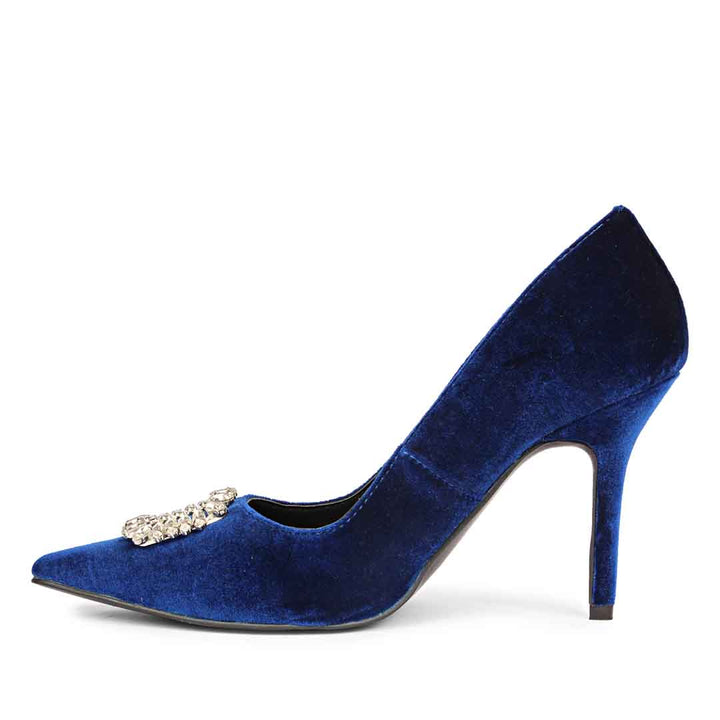 Saint Wren Crystal Buckle Blue Velvet High Heel Pumps