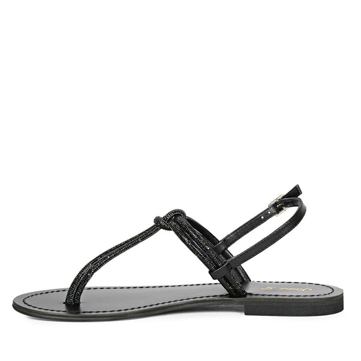 Saint Elsie Crystal Cord Black Leather Flat Sandals