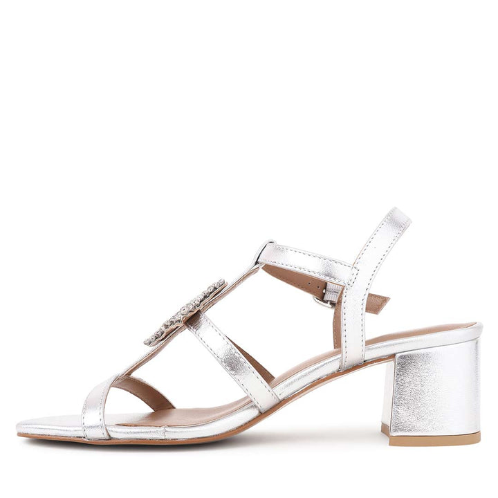 Saint Donya Stones Silver Metallic Leather Block Heels