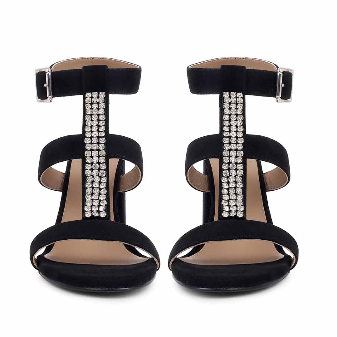 Saint Silvia Jewel Stone Decor Black Suede Leather Heels