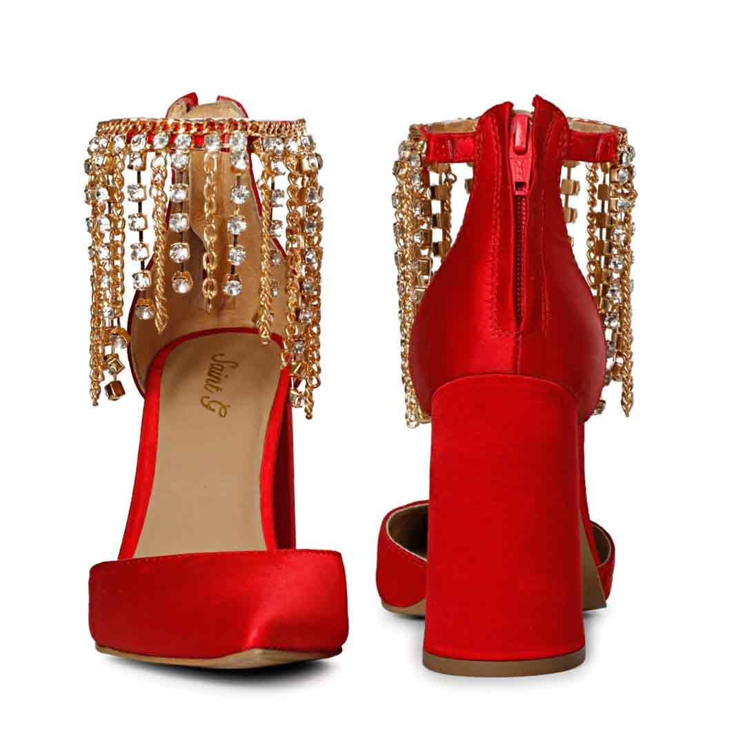 Fayette Stone Studded Chain Red Satin Block Heels