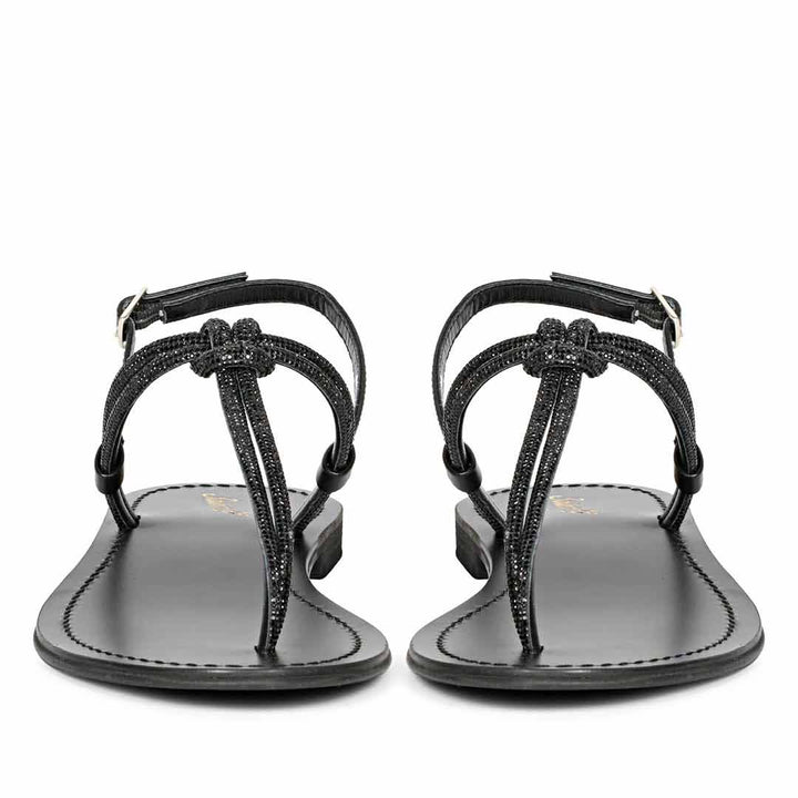 Saint Elsie Crystal Cord Black Leather Flat Sandals