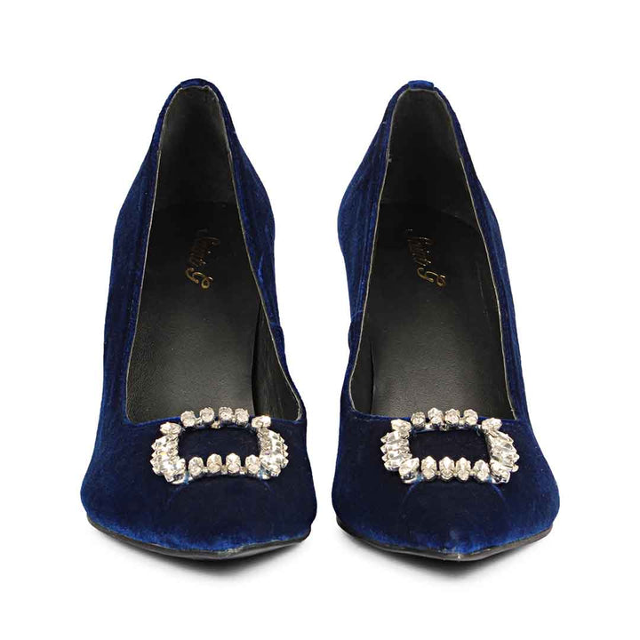 Saint Wren Crystal Buckle Blue Velvet High Heel Pumps