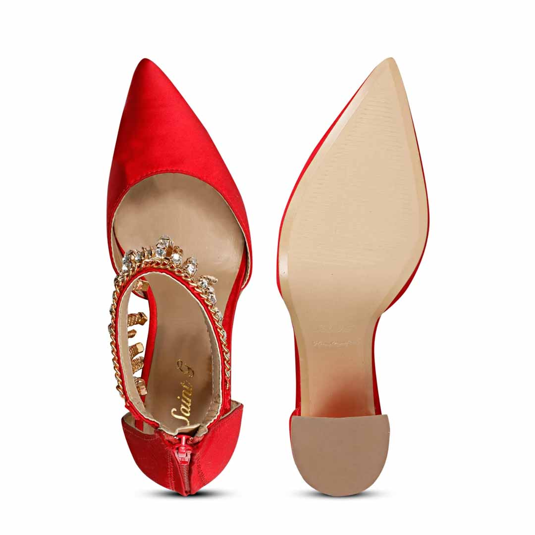 Fayette Stone Studded Chain Red Satin Block Heels