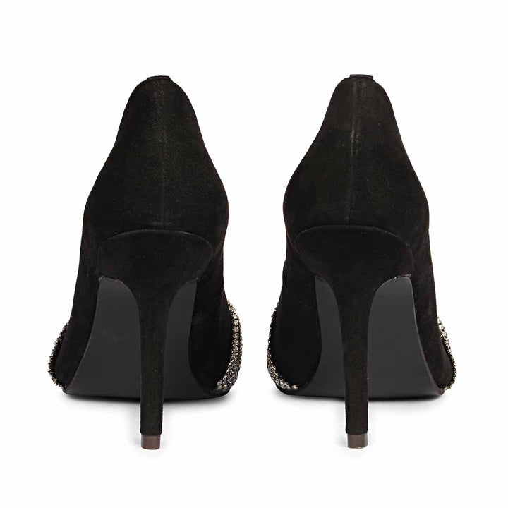 Saint Sienna Silver Stone Bow Embellished Black Leather Pumps