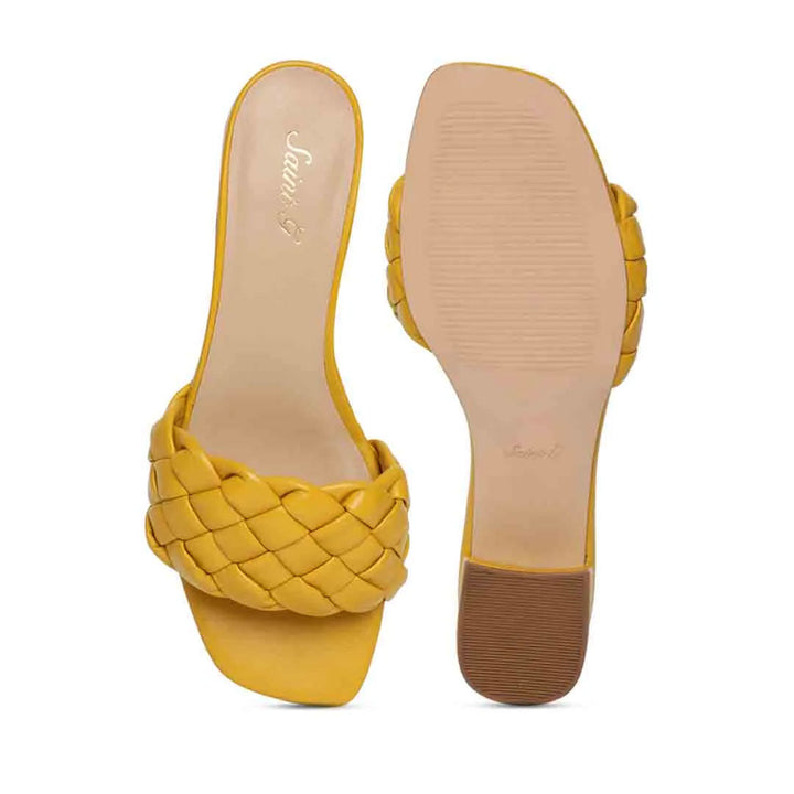 Saint Kate Mustard Woven Leather Block Heel Mules