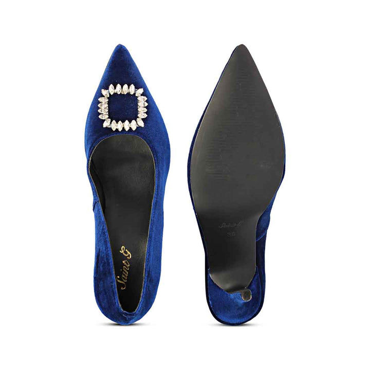 Saint Wren Crystal Buckle Blue Velvet High Heel Pumps