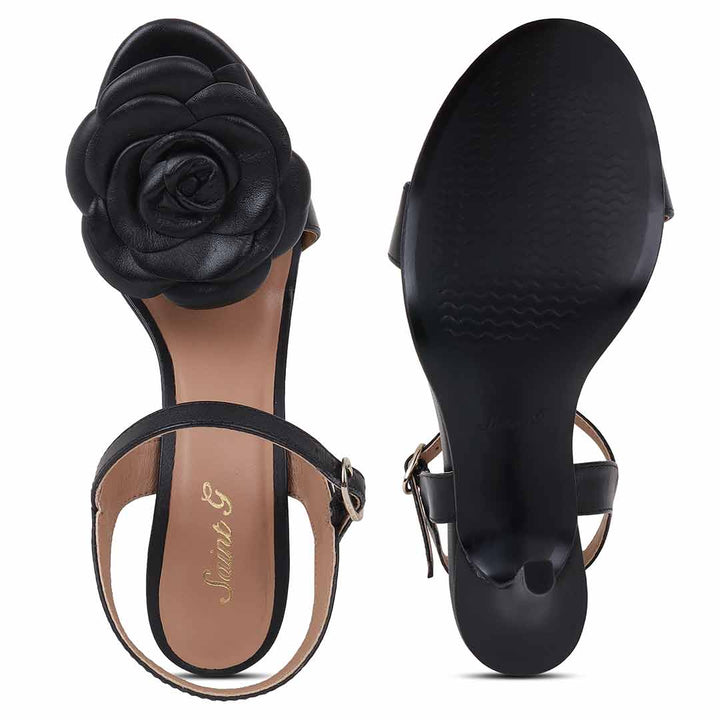 Saint Veronique Flower Embellished Black Leather Stilettos