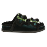 Saint Gemma Crystal Buckle Green Fur Snug Sandals