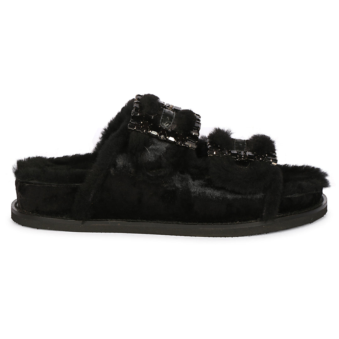 Saint Gemma Crystal Buckle Black Fur Snug Sandals