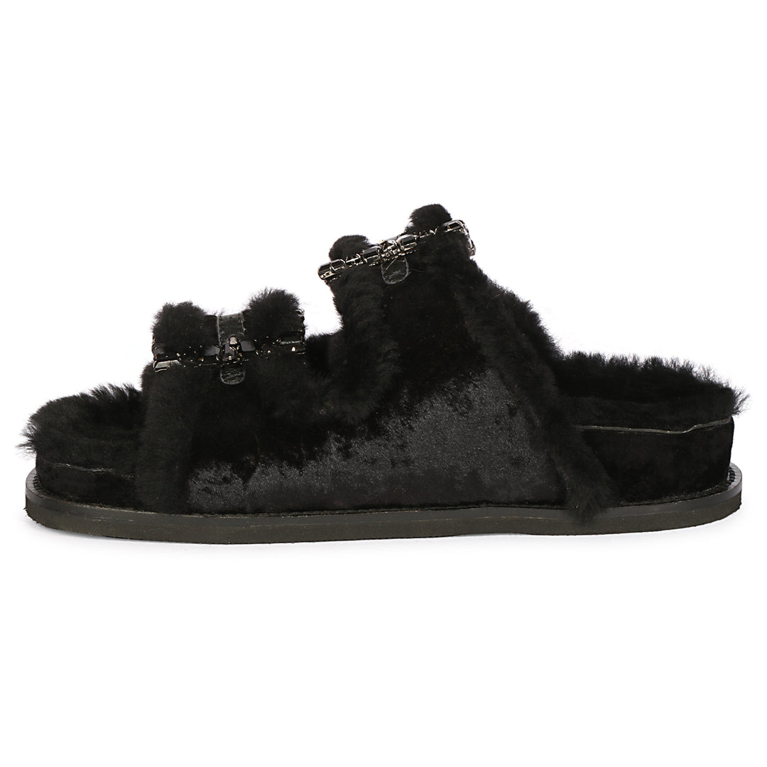 Saint Gemma Crystal Buckle Black Fur Snug Sandals