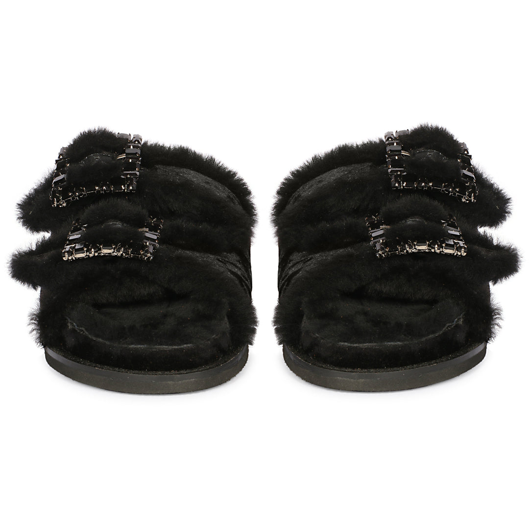 Saint Gemma Crystal Buckle Black Fur Snug Sandals