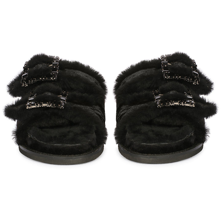 Saint Gemma Crystal Buckle Black Fur Snug Sandals