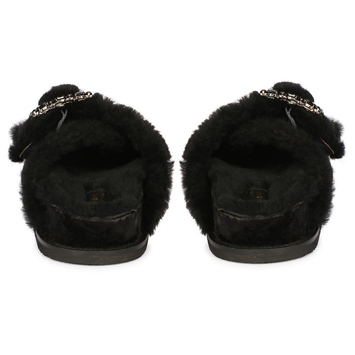 Saint Gemma Crystal Buckle Black Fur Snug Sandals