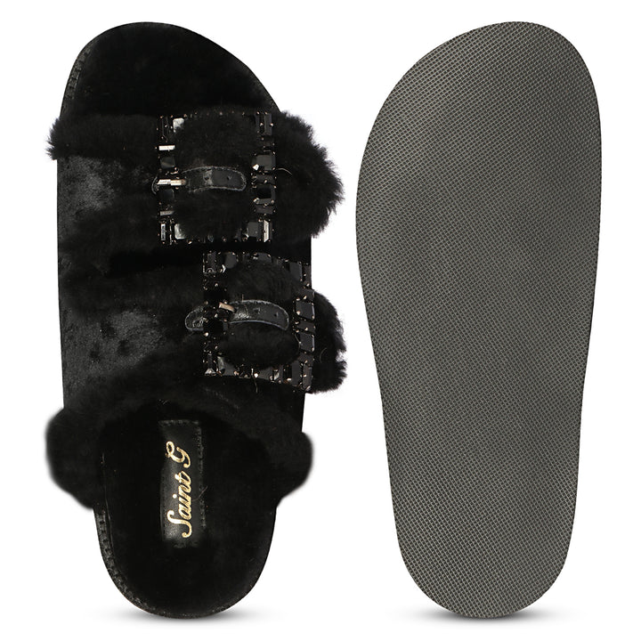 Saint Gemma Crystal Buckle Black Fur Snug Sandals