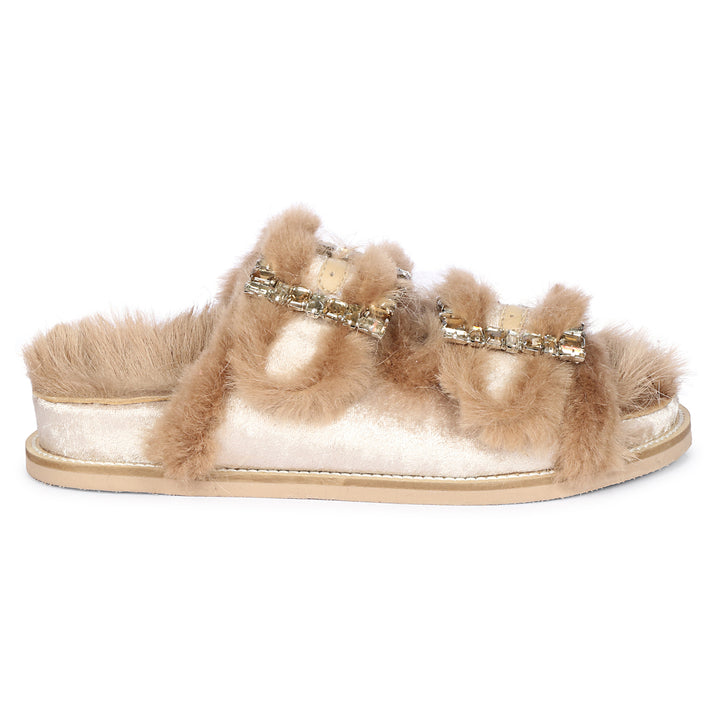 Saint Gemma Crystal Buckle Beige Fur Snug Sandals