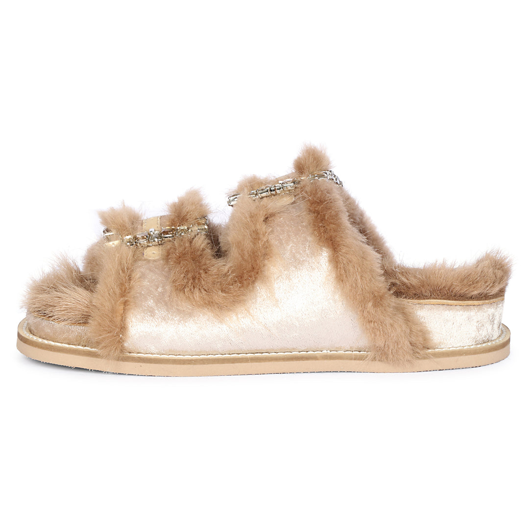 Saint Gemma Crystal Buckle Beige Fur Snug Sandals