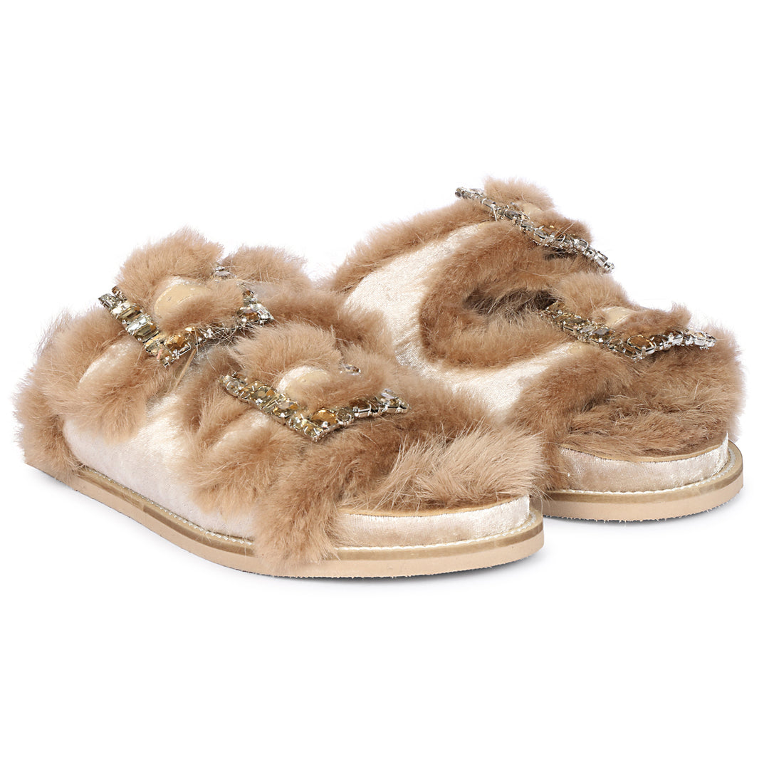 Saint Gemma Crystal Buckle Beige Fur Snug Sandals