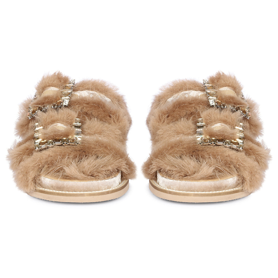 Saint Gemma Crystal Buckle Beige Fur Snug Sandals