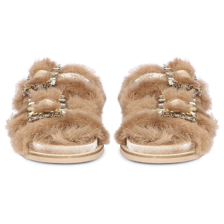 Saint Gemma Crystal Buckle Beige Fur Snug Sandals