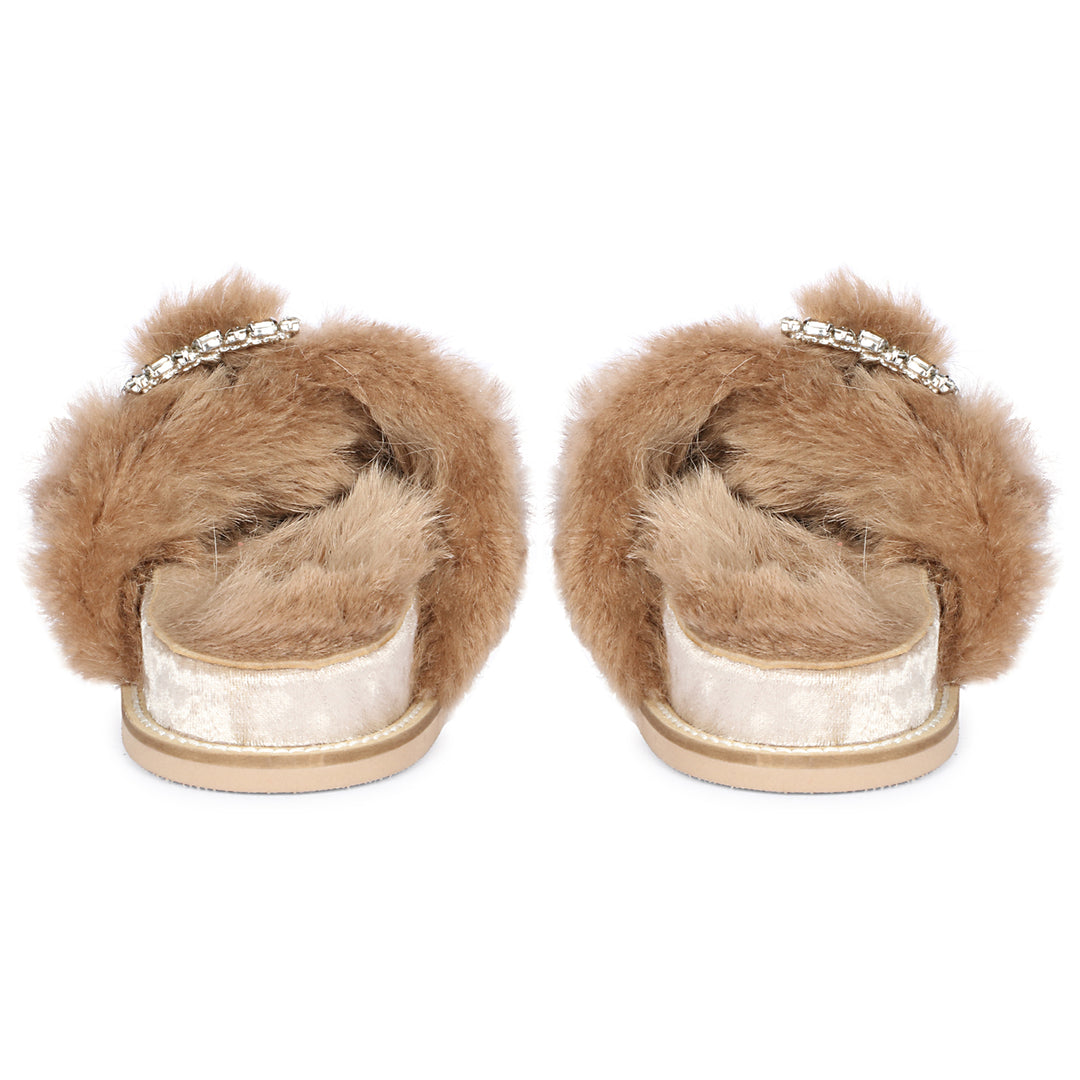 Saint Gemma Crystal Buckle Beige Fur Snug Sandals