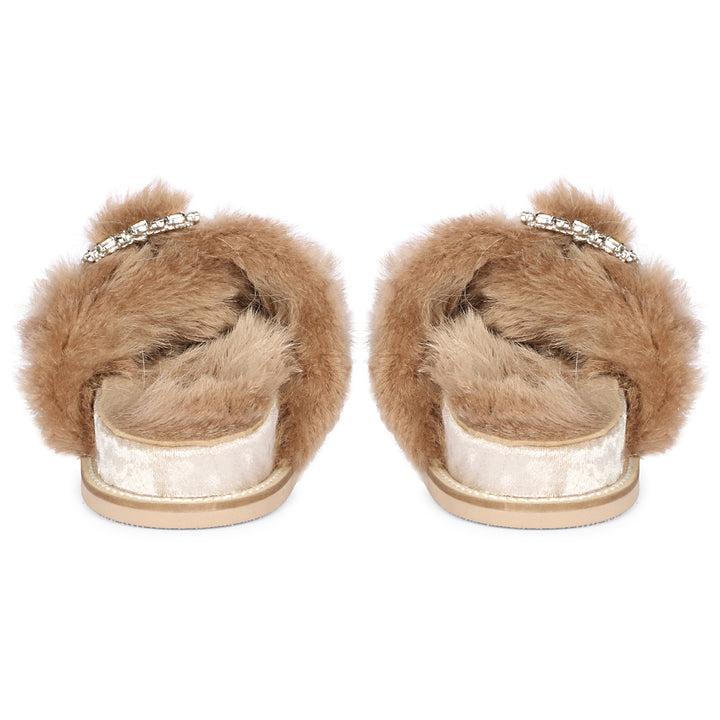 Saint Gemma Crystal Buckle Beige Fur Snug Sandals