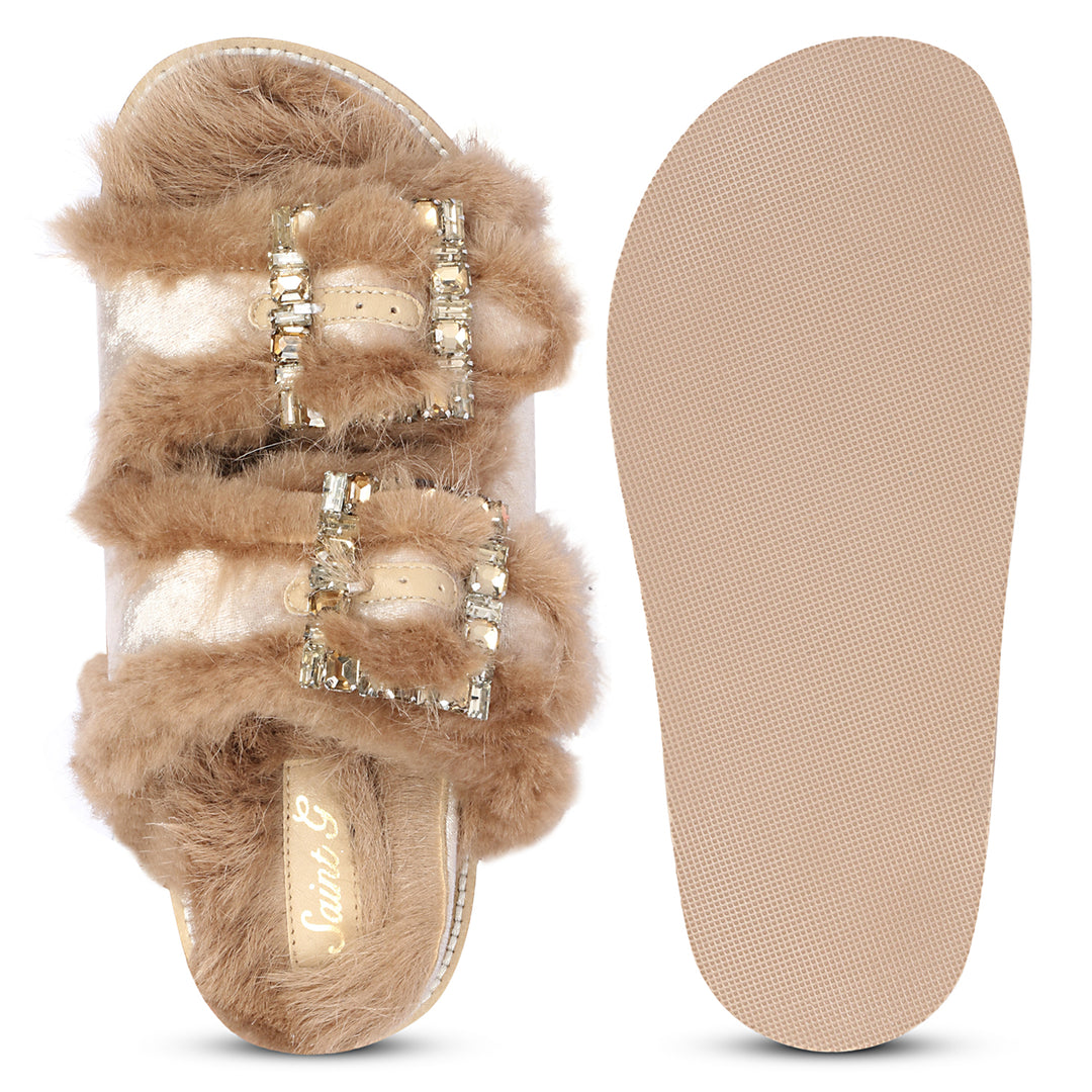 Saint Gemma Crystal Buckle Beige Fur Snug Sandals