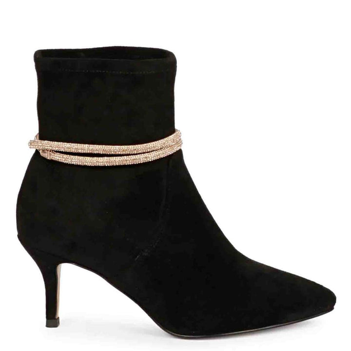 Saint Reyna Black Stretch Suede Golden Cord String Kitten Heel Boots