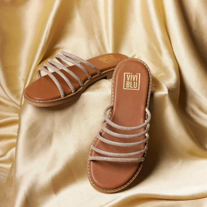 ViviBlu Tan Leather Flat Sandals Embellished With Gold Straps