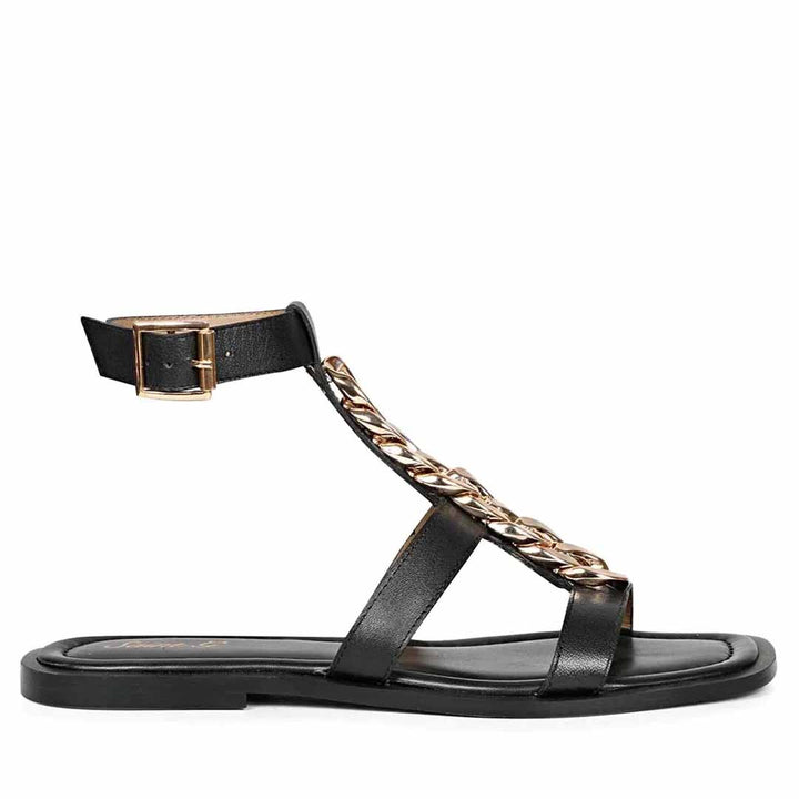 Genesis Golden Chain Decor Black Leather Sandals