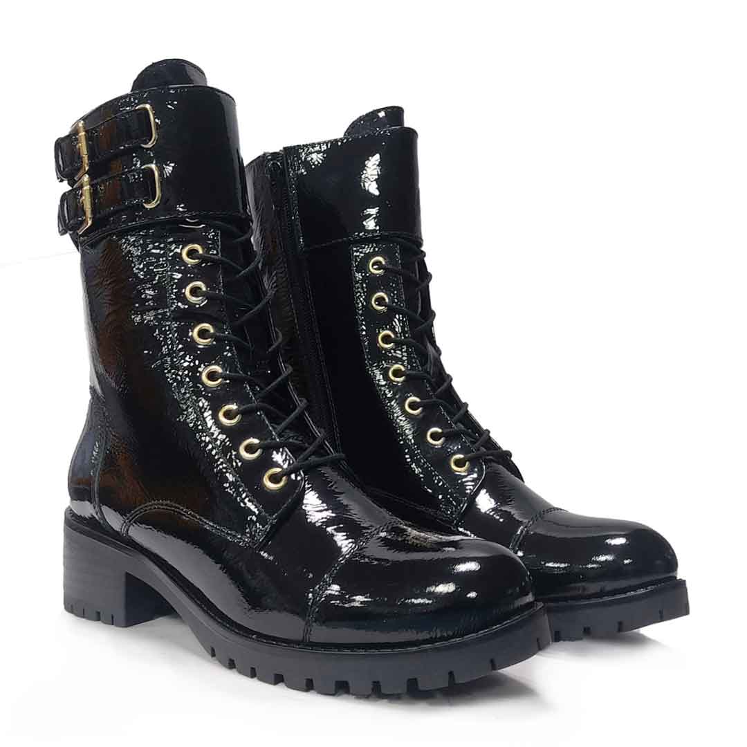 Saint Alba Black Crinkle Patent Leather Lace Up High Ankle Boots