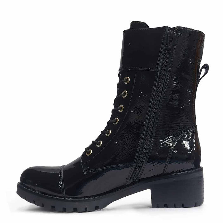 Saint Alba Black Crinkle Patent Leather Lace Up High Ankle Boots