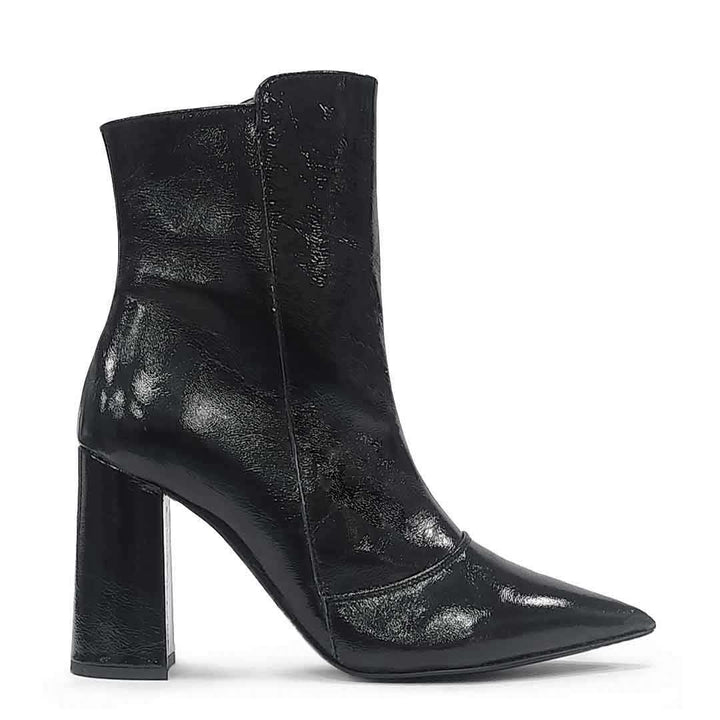 Saint Maura Black Crinkle Patent Leather High Ankle Boots