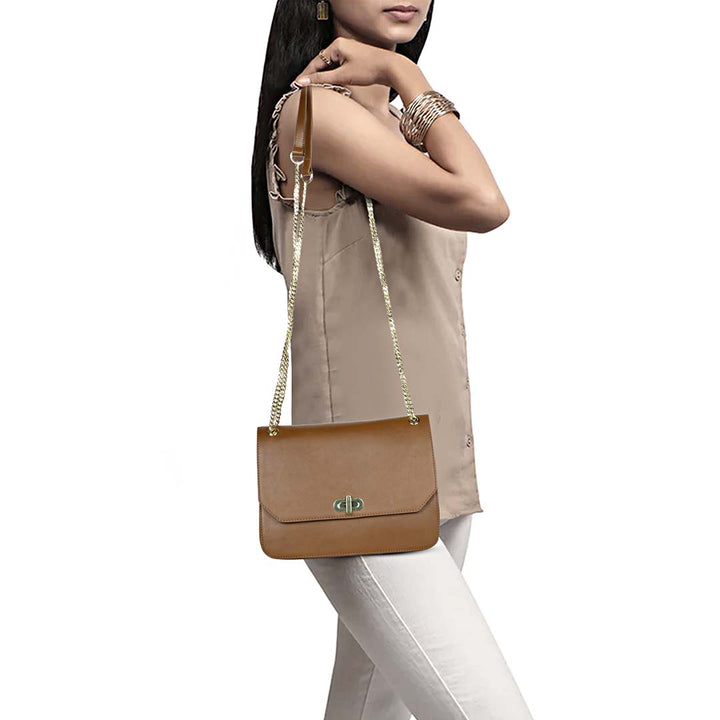 Favore Women Tan Leather Sling Satchel Bags