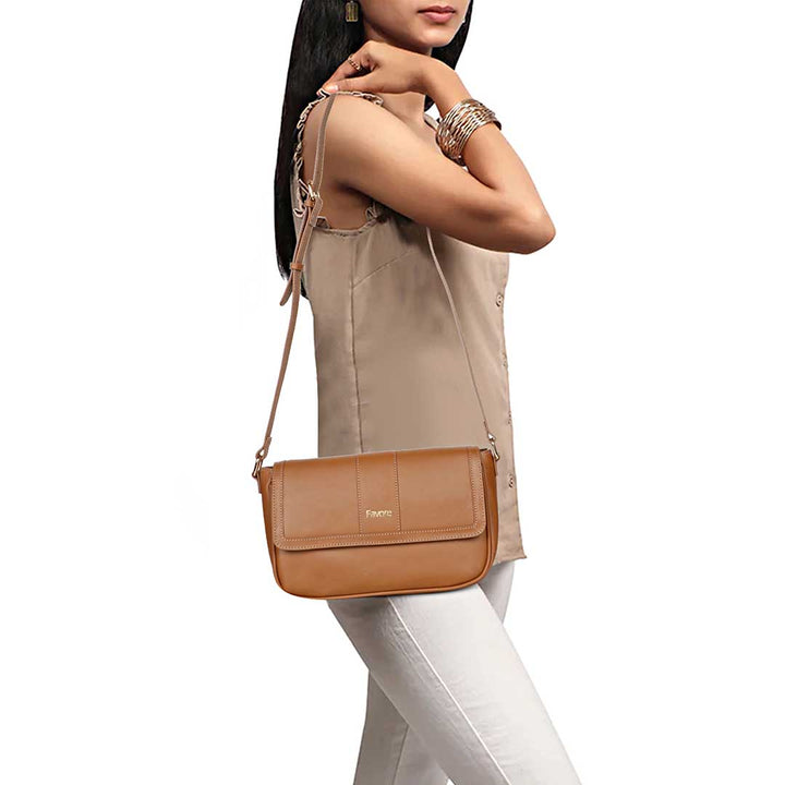 Favore Women Tan Leather Sling Bags