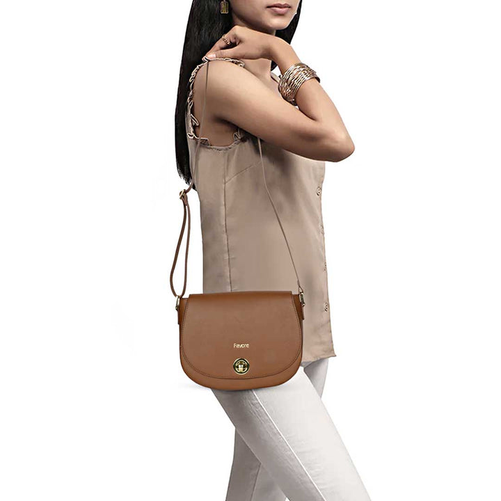 Favore Women Tan Leather Saddle Bags