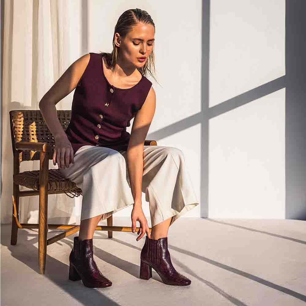 Saint Edwina Burgundy Croc Embossed Vegan Leather Ankle Boots