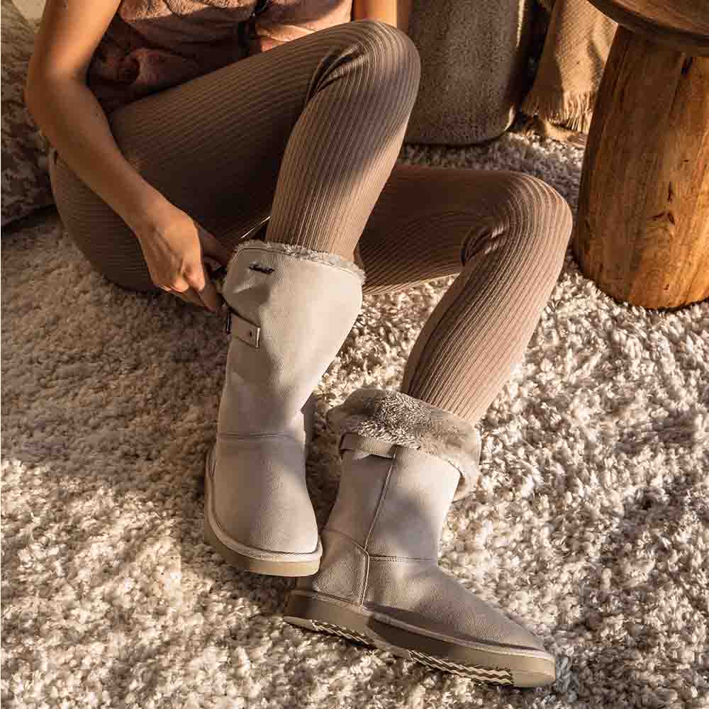 Saint Aurelia Buckle Decorative Ivory Suede Leather Snug Boots