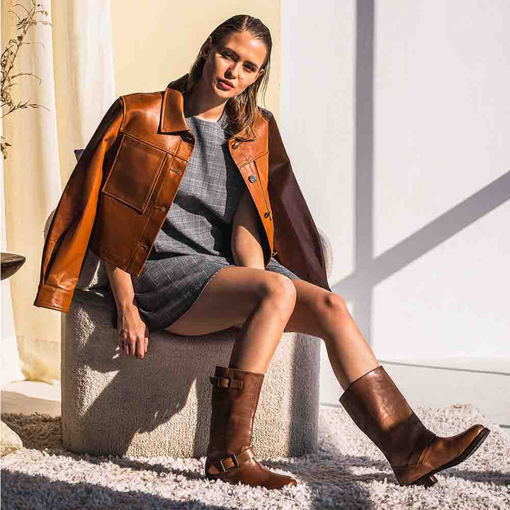 Saint Adette Buckle Decor Cognac Leather Calf Boots